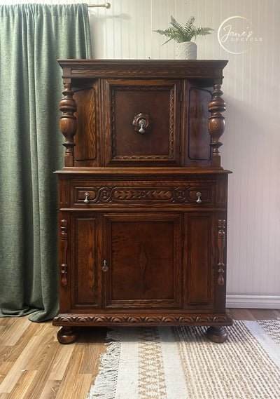 1920s English Jacobean Carved Oak China Cabinet - Loft of Echoes