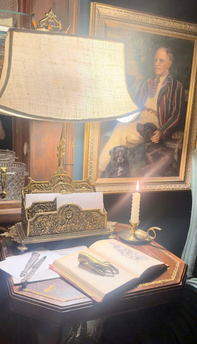 19th - Century French Gilt Bronze Desk Lamp With Integrated Three - Tier Letter Rack - Loft of Echoes