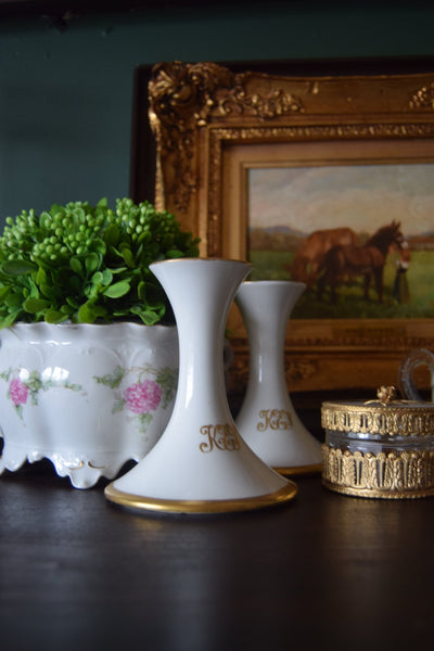 19th - Century Limoges Porcelain Candlesticks (pair), Monogrammed “K.E.S. - Loft of Echoes