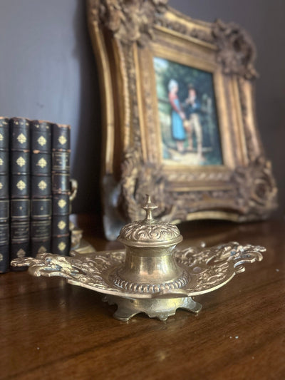 Antique Rococo Brass Inkwell – 19th Century Ornate Desk Accessory - Loft of Echoes