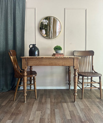 Antique Scrubbed - Pine Farmhouse Table + Mixed Pair of Windsor Side Chairs c.1890 - Loft of Echoes