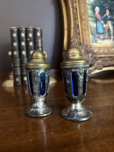 Antique Silverplate and Cobalt Glass Salt & Pepper Shakers – Early 1900s - Loft of Echoes