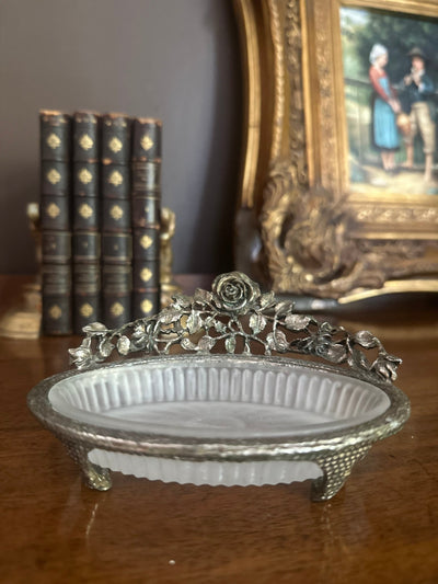 Antique Silverplate and Frosted Glass Vanity Dish - Loft of Echoes