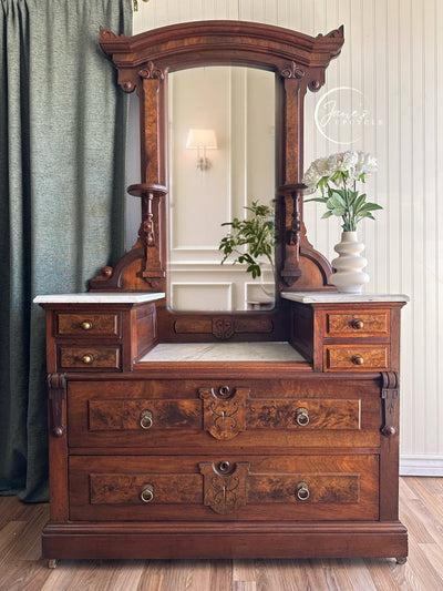 Antique Victorian Cherry Dresser with Rosewood & Burl Inlays – Topped with Carrara Marble - Loft of Echoes