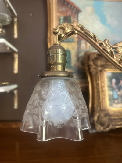 Art Nouveau Brass Floor Lamp with Etched Floral Glass Shade, c. 1930s - Loft of Echoes