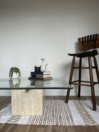 Artedi Postmodern Travertine/ Marble glass 1970 coffee table (Italy) - Loft of Echoes