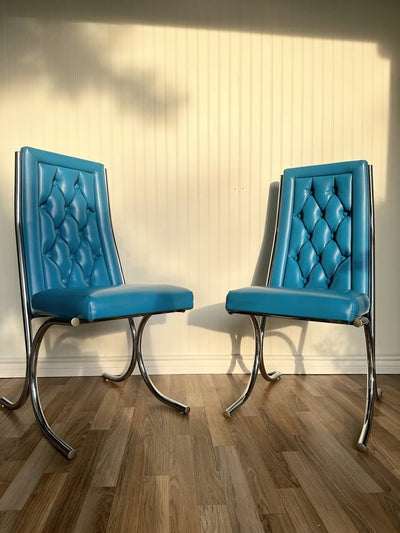 Blue Cantilevered Chrome and Vinyl Vintage Tufted Dining or Side Chair by Dinex Furniture - Loft of Echoes