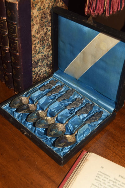 Cased set of 6 figural demitasse/tea spoons by Peter Bruckmann & Söhne, Heilbronn (Germany), Monogrammed - Loft of Echoes