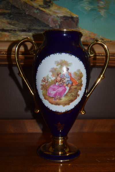 Cobalt “Fragonard” Courting Couple Vase, gilt twin handles (mid - 20th c., Continental) - Loft of Echoes
