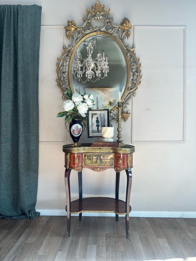 French Louis XV Style Kidney - Shaped Marble Top Table With Hand - Painted Vernis Martin Panels – Early 20th Century Antique - Loft of Echoes