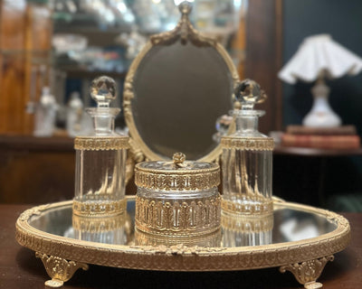 Louis XVI Revival Doré - Brass & Crystal Vanity Set c.1900 - Loft of Echoes