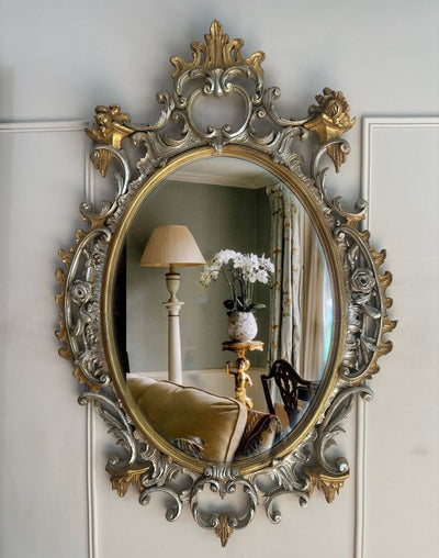 Mid - Century Italian Beveled Oval Mirror, Silver & Gold (C. 1955–1965) - Loft of Echoes