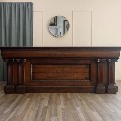 Monumental 19th Century Solid Oak Corinthian Counter – Bank, Bar, or Kitchen Island (84” Long) - Loft of Echoes