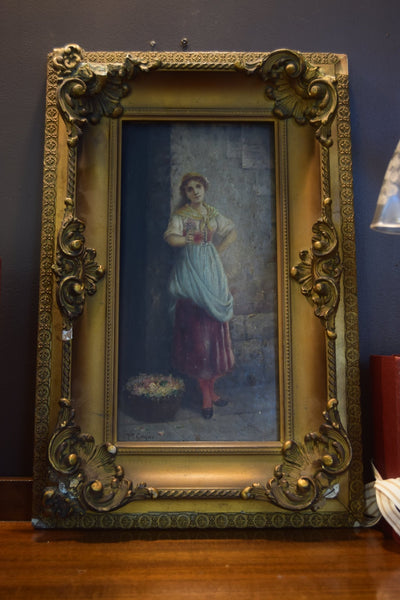 P. Cagni (fl. late 19th–early 20th c.), “Flower Seller,” oil on wood panel - Loft of Echoes