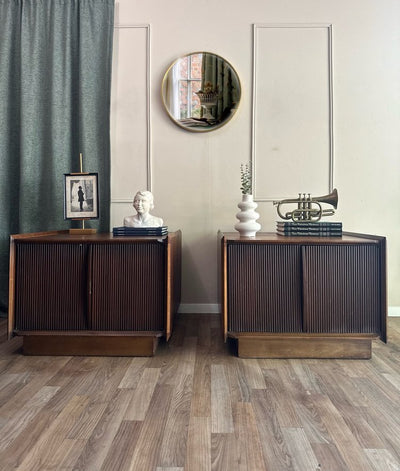 Pair — Lane “First Edition” Walnut Louver - Front Nightstands, C. 1965 - Loft of Echoes
