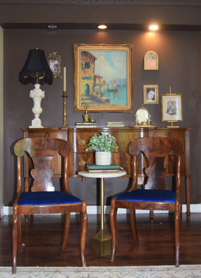 Pair of 19th - Century Flame - Mahogany Klismos / Empire Side Chairs — Newly Upholstered in Royal - Blue Velvet - Loft of Echoes