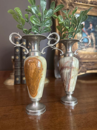 Pair of Italian Onyx and Silverplate Miniature Urns - Loft of Echoes