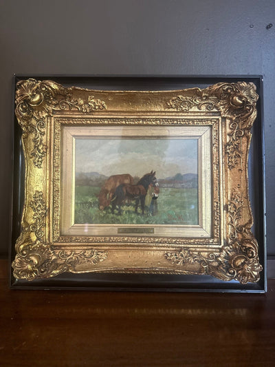Pastoral Oil Painting “Grazing Horses” by Rene Rousseau — Framed in Ornate Rococo Giltwood - Loft of Echoes