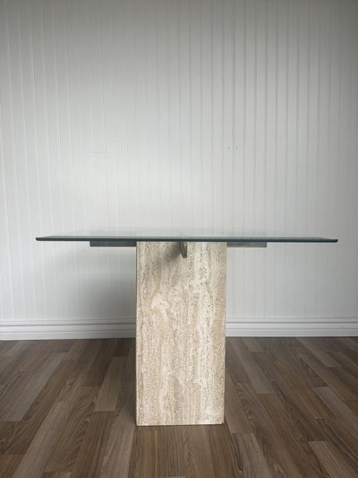 Postmodern Artedi Travertine Side Table with Glass Top - Loft of Echoes