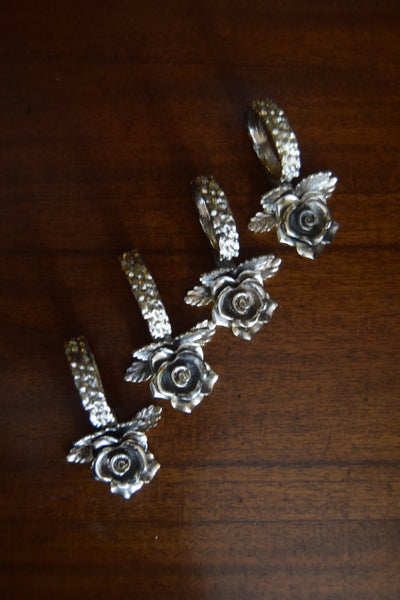 Set of 4 Rose Napkin Rings (Mid - Century, Silvered Cast Metal) - Loft of Echoes