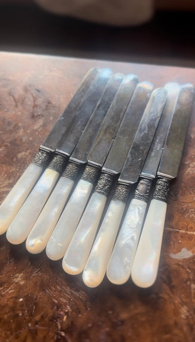 Set of 8 Victorian Mother - of - Pearl & Silverplate Dessert Knives (19th Century) - Loft of Echoes