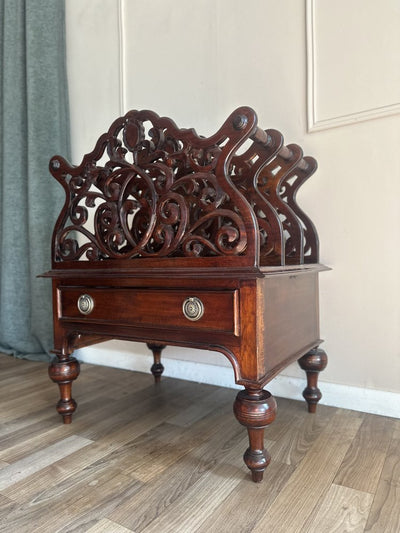 Victorian Carved Mahogany Canterbury With Drawer, C. 1860–1875 (England) - Loft of Echoes
