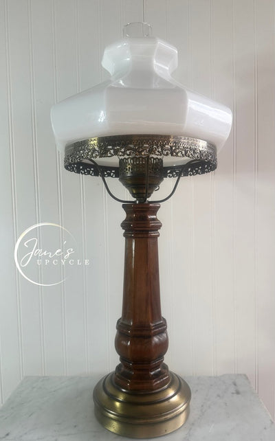 Vintage 1970 walnut lamp with milk glass shade - Loft of Echoes