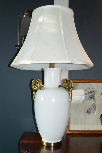 White Urn Table Lamp with Sculptural Gilt Handles (Hollywood Regency) - Loft of Echoes